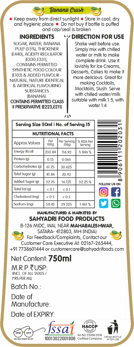 Frujoy Banana Crush 750ml | For Fruit Mocktail | Cocktail | Cake | Baking Essentials | Juices | Beverages Crush Frujoy