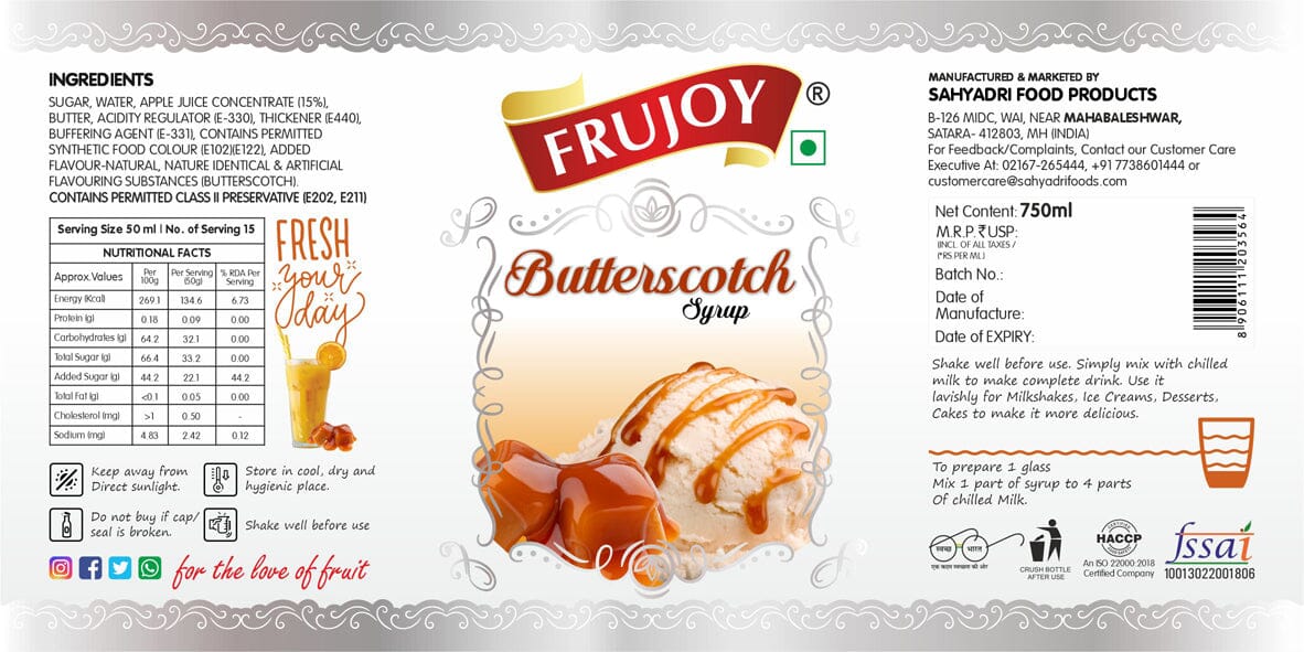 Frujoy butter scotch syrup 750ml | For Drinks Juices | Fruit Mocktail | Cocktail | Sharbat | Baking Essentials | Beverages Crush Frujoy