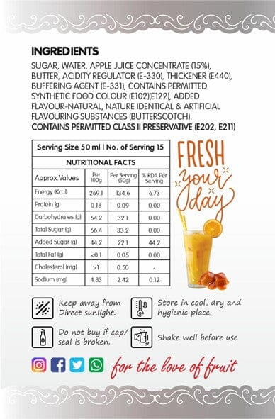 Frujoy butter scotch syrup 750ml | For Drinks Juices | Fruit Mocktail | Cocktail | Sharbat | Baking Essentials | Beverages Crush Frujoy