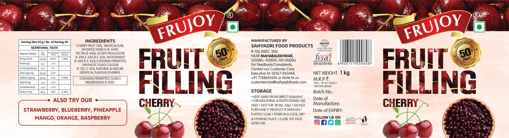 Frujoy Cherry Filling 1kg | For Cake | Dessert | Custard | Pastry | Muffins | Baking Essentials Crush Frujoy
