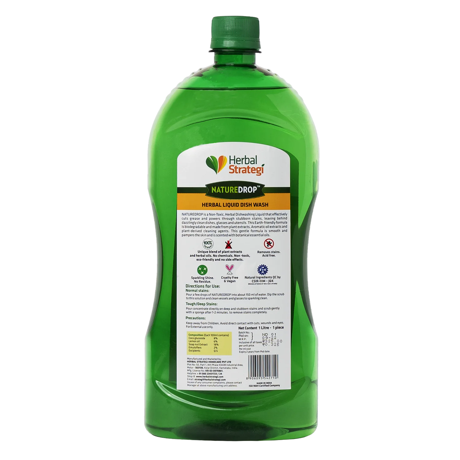 Herbal Strategi Nature Drop Liquid Dish Wash Refill| Anti-microbial & Acid-Free | Made with Fragrant Lemon Oils | Skin Safe | 1L Cleaner Herbal Strategi
