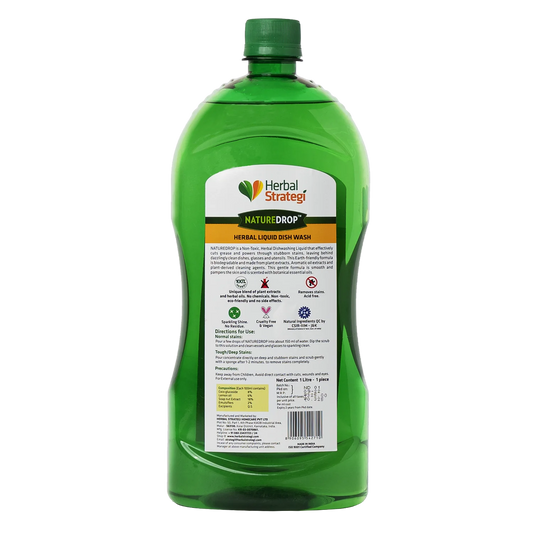 Herbal Strategi Nature Drop Liquid Dish Wash Refill| Anti-microbial & Acid-Free | Made with Fragrant Lemon Oils | Skin Safe | 1L Cleaner Herbal Strategi