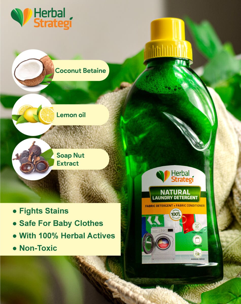 Herbal Strategi Natural Fabric Wash | Liquid Detergent for Top Load & Front Load Washing Machine | Suitable For All Fabrics | Skin Safe, Baby Safe | 1 Litre Detergent Herbal Strategi
