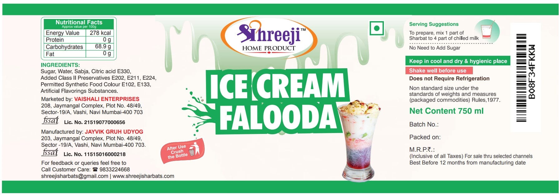 Shreeji Ice Cream Falooda Syrup Mix with Milk for Making Juice 750 ml Syrup Shreeji