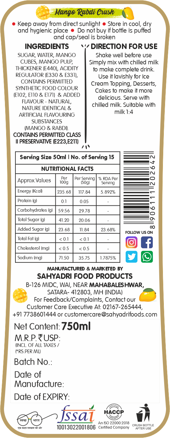Frujoy Mango Rabadi Crush 750ml | For Fruit Mocktail | Cocktail | Cake | Baking Essentials | Juices | Beverages Crush Frujoy