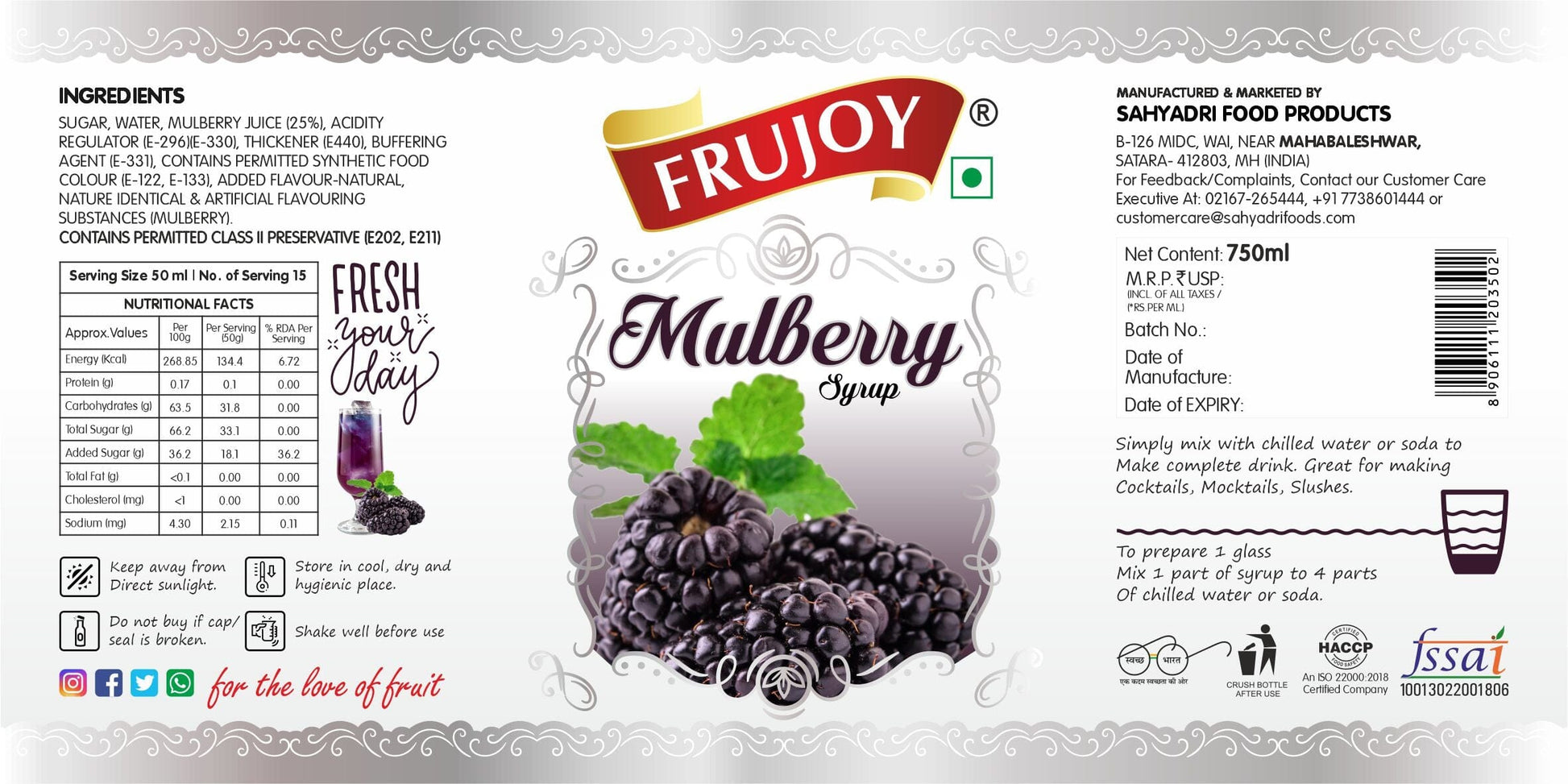 Frujoy Mulberry Syrup 750ml | For Drinks Juices | Fruit Mocktail | Cocktail | Sharbat | Baking Essentials | Beverages Crush Frujoy
