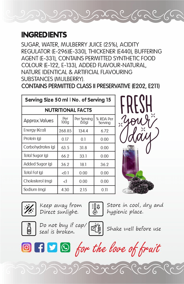 Frujoy Mulberry Syrup 750ml | For Drinks Juices | Fruit Mocktail | Cocktail | Sharbat | Baking Essentials | Beverages Crush Frujoy