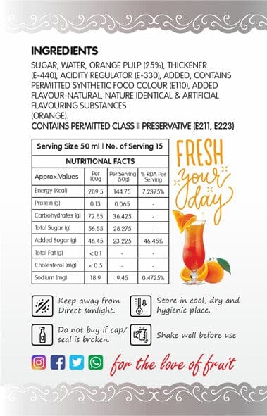 Frujoy Orange Syrup 750ml | For Fruit Mocktail | Cocktail | Milk Shake| Falooda | Baking Essentials Crush Frujoy