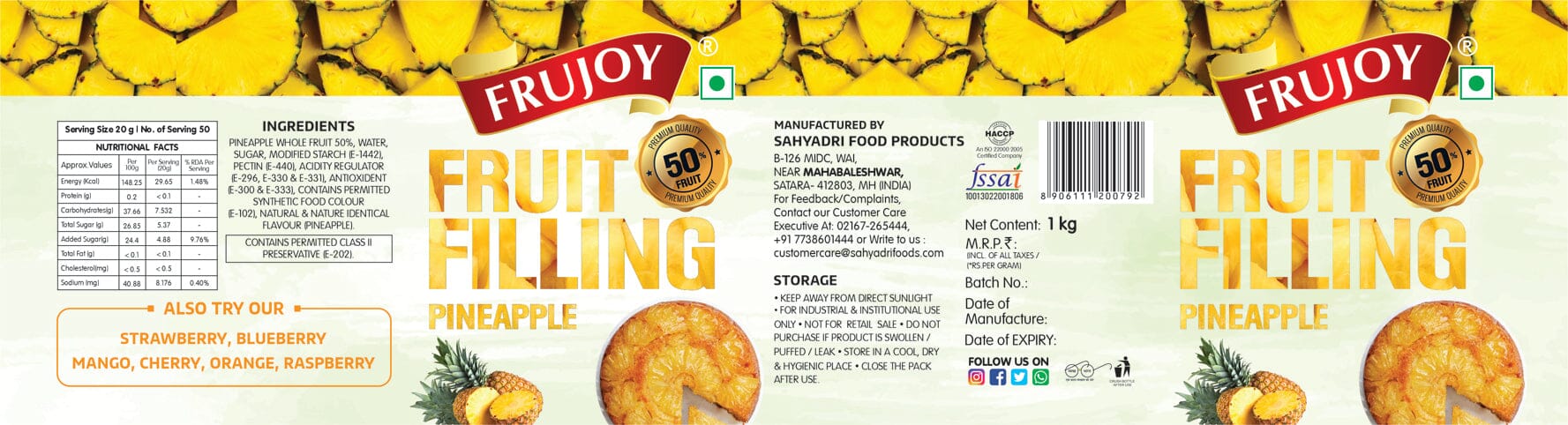 Frujoy Pineapple Filling 1kg | For Cake | Dessert | Custard | Pastry | Muffins | Baking Essentials Crush Frujoy