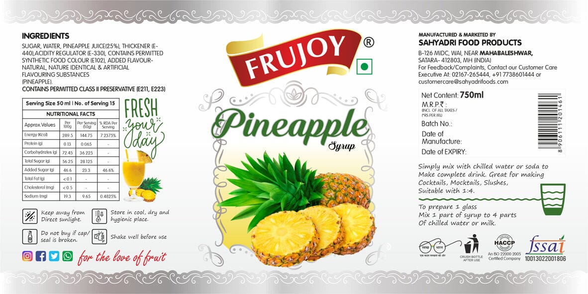 Frujoy Pineapple Syrup 750ml | For Fruit Mocktail | Cocktail | Milk Shake| Falooda | Baking Essentials Crush Frujoy