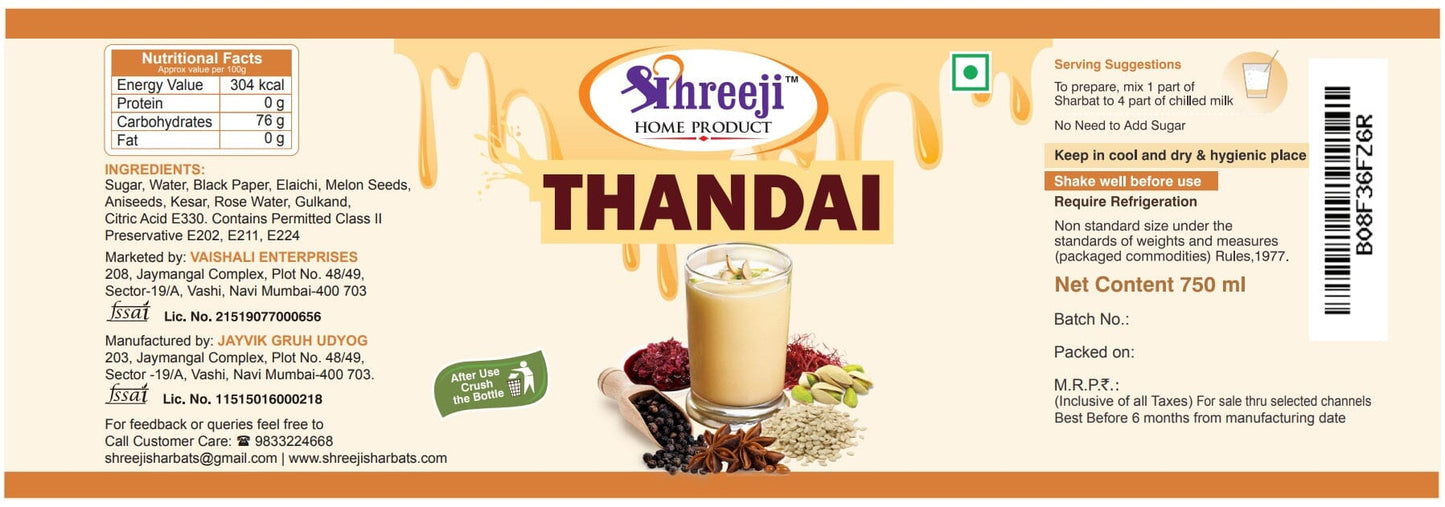 Shreeji Thandai Syrup Mix With Milk For Making Milkshake 750 ml
