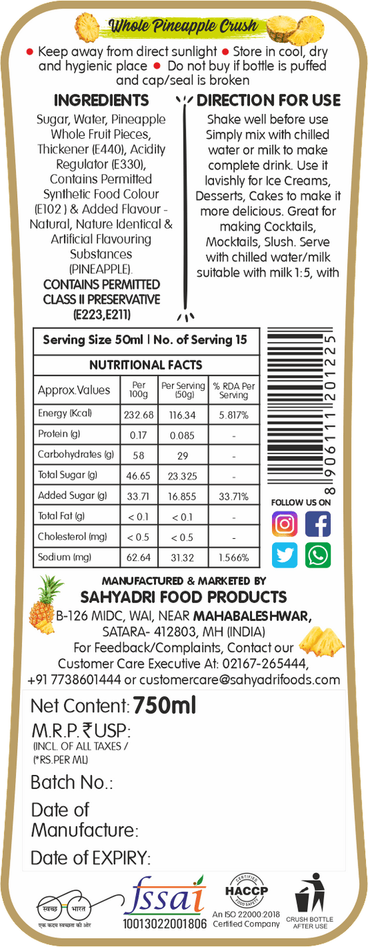 Frujoy Whole Pineapple Crush 750ml | High Fruit | For Fruit Mocktail | Cocktail | Milk Shake| Falooda | Baking Essentials Crush Frujoy