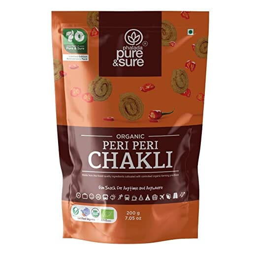 Pure & Sure Organic Peri Peri Chakli Snack, Delicious Chrunchy Namkeen and Snacks, Ready to Eat Snacks Cholesterol Free No Trans Fats No Preservatives, Pack Of 1 200gm