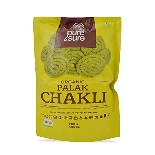 Pure & Sure Organic Palak Chakli Snack | Delicious Namkeen and Snacks | Ready to Eat Snacks, Cholesterol Free, No Trans Fats, No Preservatives | Pack Of 1, 200gm Snacks Pure & Sure
